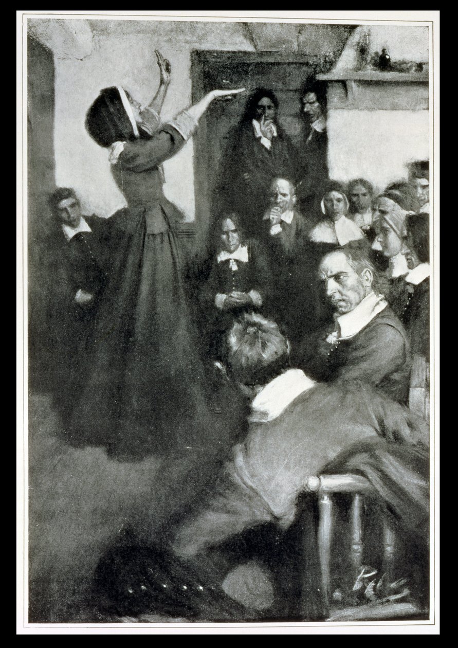 Anne Hutchinson che predica nella sua casa a Boston, 1637, illustrazione da 