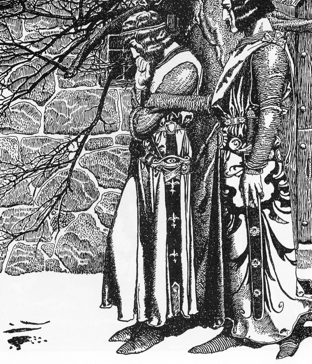Leggenda Arturiana: il Cavaliere Kay e Perceval, illustrazione di Howard Pyle da 
