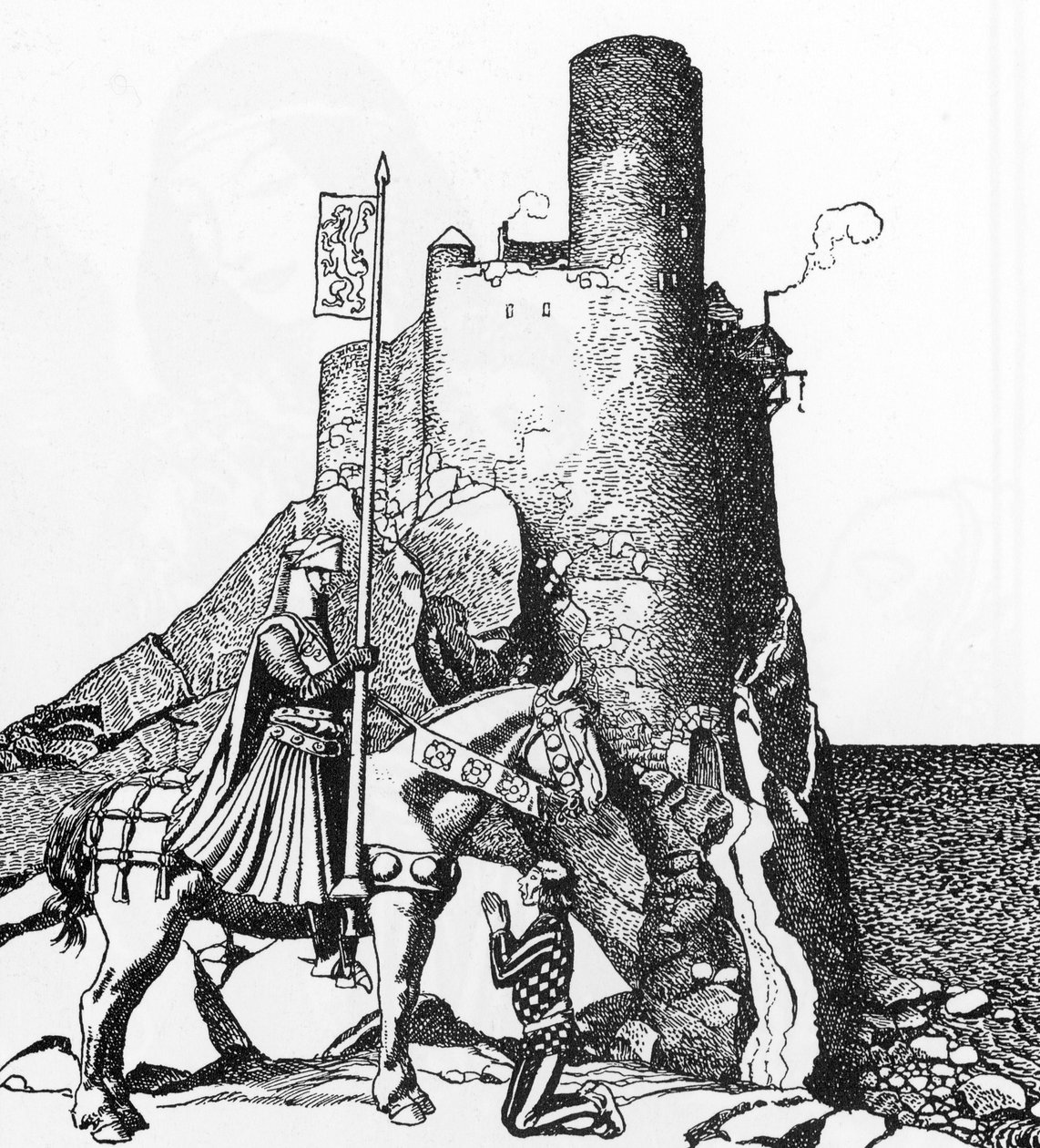 Leggenda Arturiana: Tristano arriva al castello di Nabon, illustrazione di Howard Pyle da 