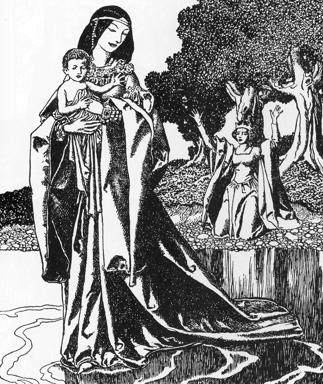 Leggenda Arturiana: la Dama del Lago rapisce il giovane Lancillotto, illustrazione di Howard Pyle da 