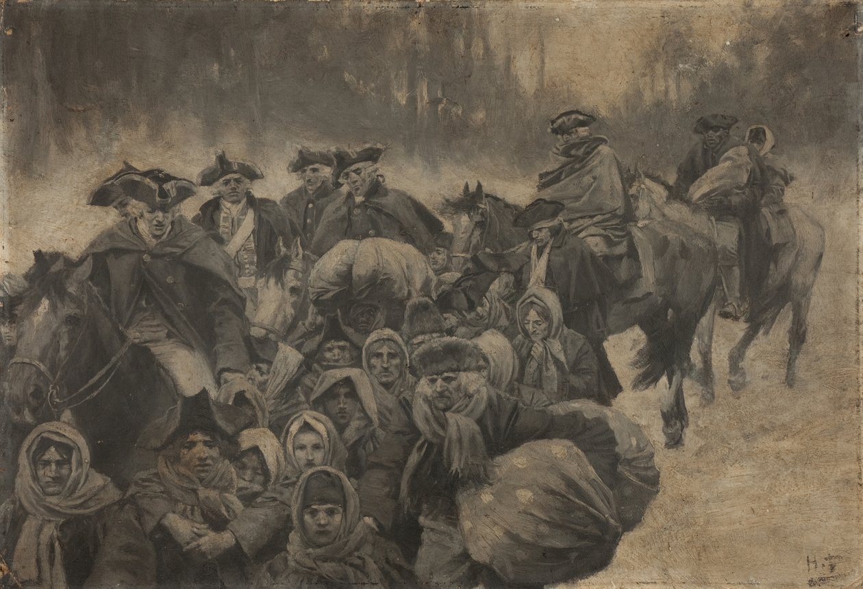 Cinque soldati in uniforme rossa a cavallo, con un altro incappucciato fino agli occhi... intorno a questi, un gruppo variegato di poveri, giovani e vecchi da Howard Pyle