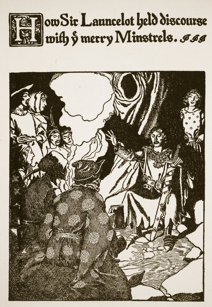 Come Sir Launcelot discusse con i Merry Minstrels, illustrazione da 