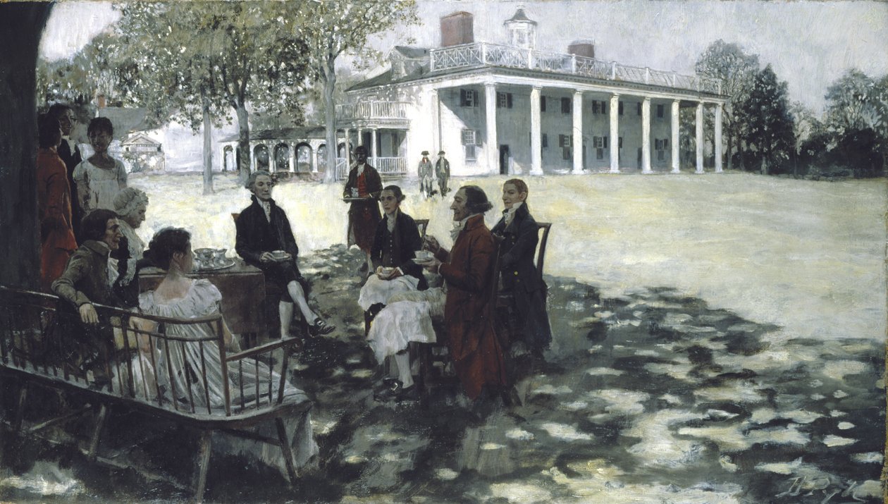 Martha e George Washington intrattengono i loro amici sul prato di Mount Vernon, 1898 da Howard Pyle