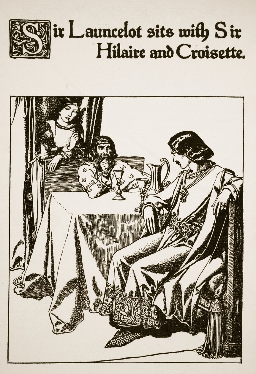 Sir Launcelot siede con Sir Hilaire e Croisette, illustrazione da 