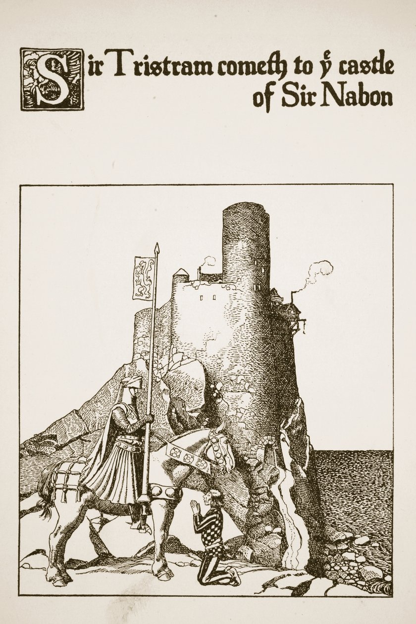 Sir Tristram arriva al castello di Sir Nabon, illustrazione da 