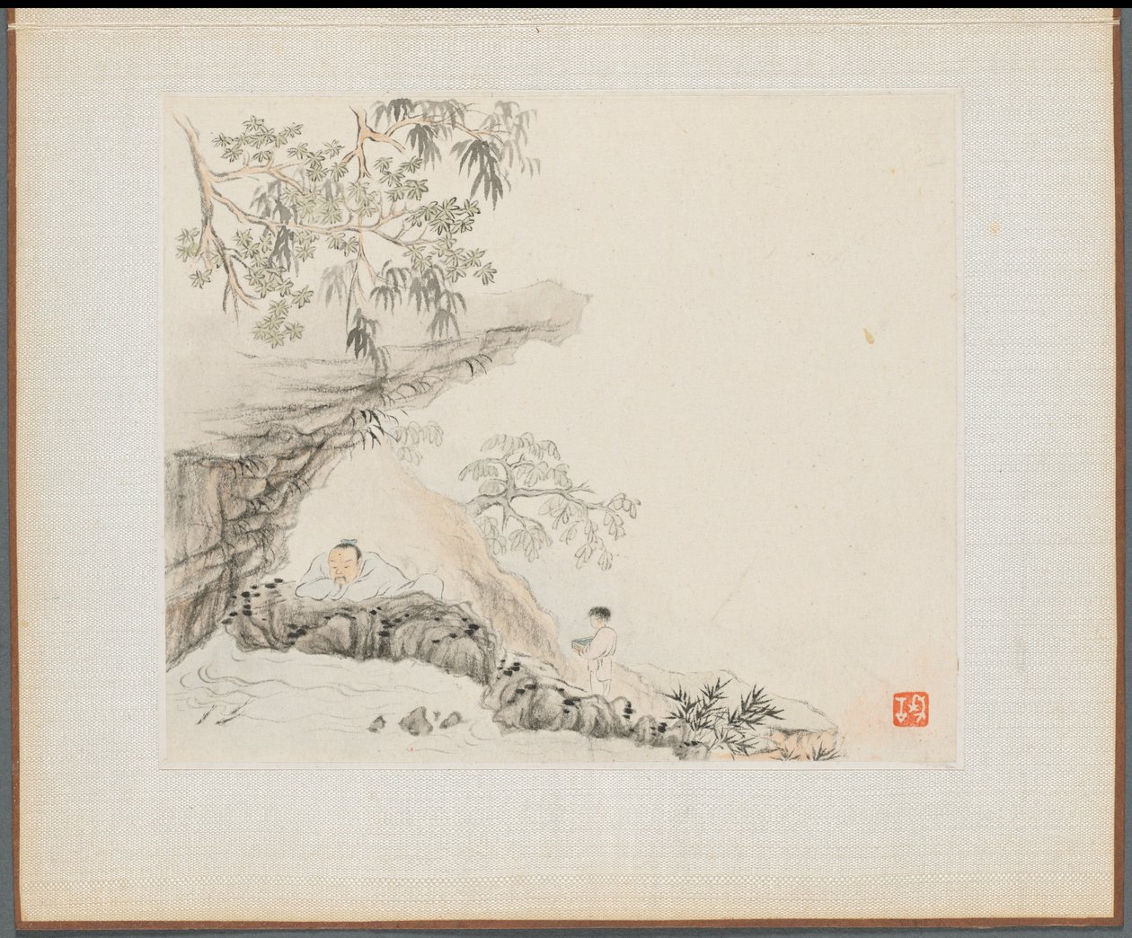Album di Dipinti di Paesaggi che Illustrano Vecchie Poesie: Un Uomo Sdraiato sotto una Sporgenza Rocciosa da Hua Yan