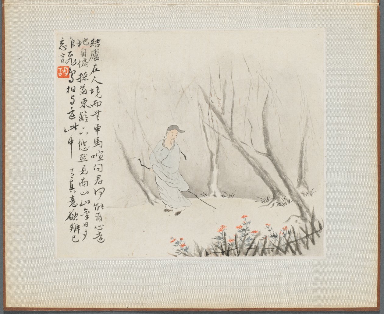 Album di dipinti paesaggistici che illustrano vecchie poesie: Un vecchio con un bastone, 1700s da Hua Yan