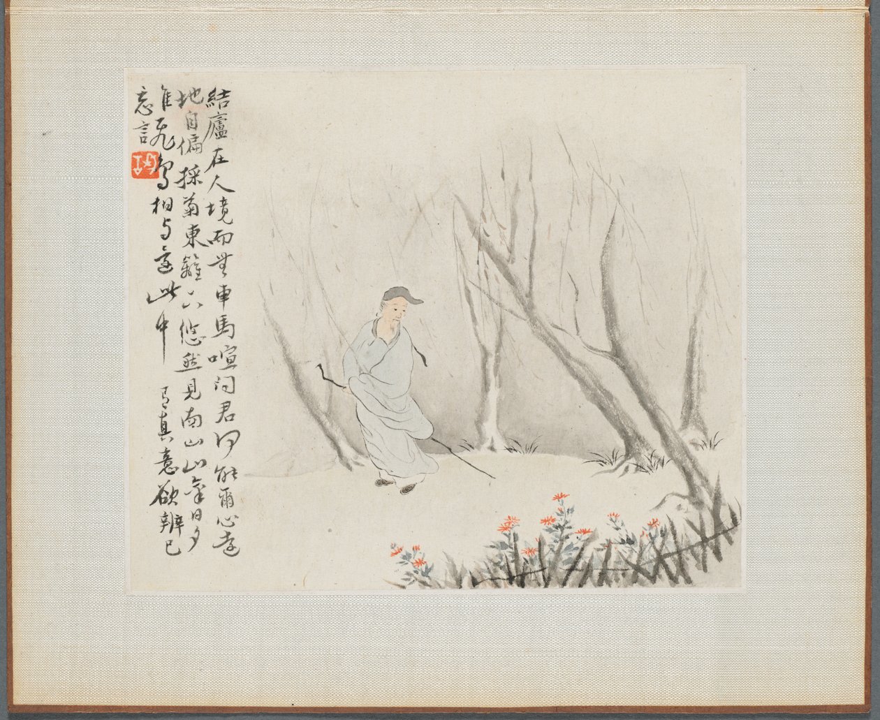 Album di Dipinti di Paesaggi che Illustrano Vecchie Poesie: Un Vecchio con un Bastone Cammina su un Sentiero Boschivo da Hua Yan