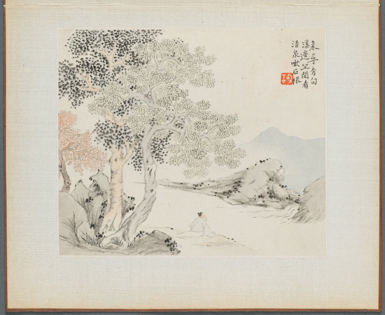 Album di dipinti paesaggistici che illustrano vecchie poesie: Tre grandi alberi, un ruscello..., 1700 da Hua Yan
