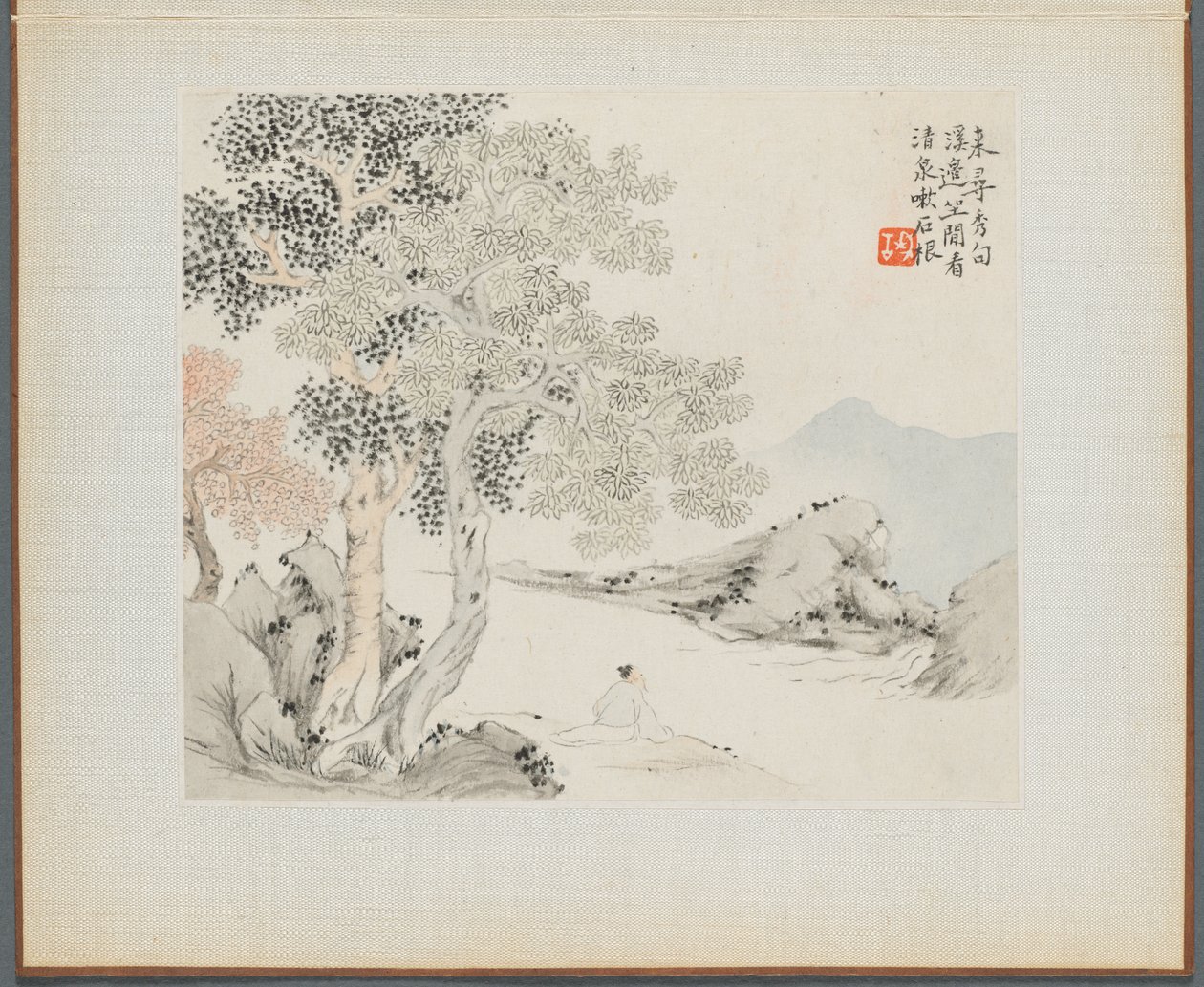 Album di Dipinti di Paesaggi che Illustrano Vecchie Poesie: Tre Grandi Alberi, un Ruscello con un Vecchio Seduto sulla Riva da Hua Yan