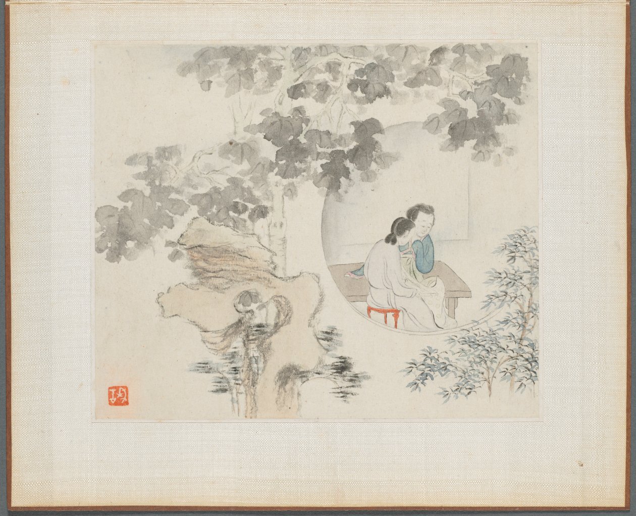 Album di dipinti paesaggistici che illustrano vecchie poesie: Due donne sedute a un tavolo... da Hua Yan