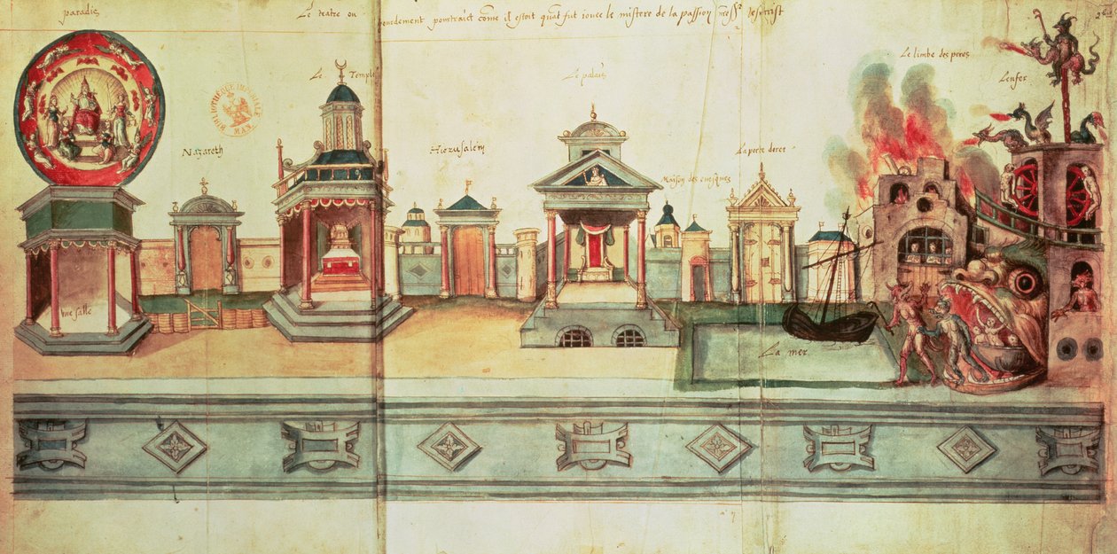 Ms fr.12536 f.2 Lo scenario per il Mistero di Valenciennes, 1547 da Hubert Cailleau