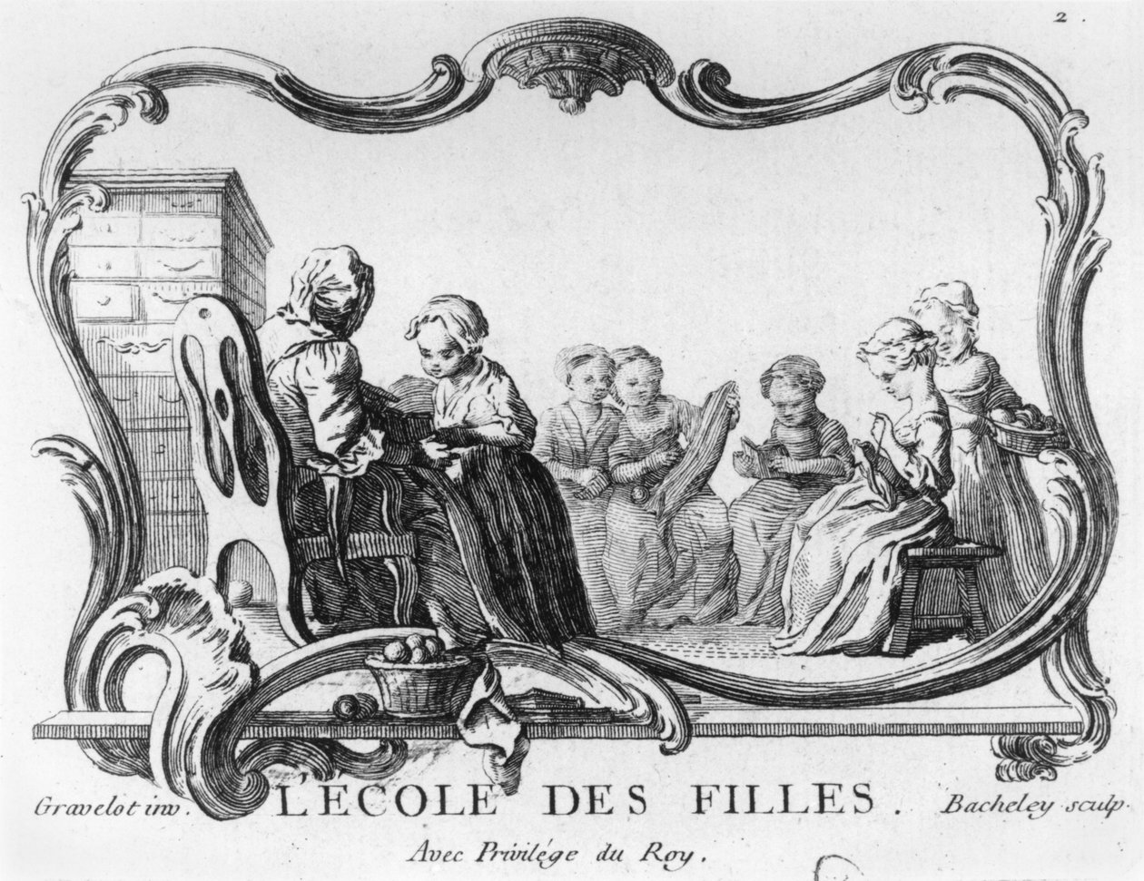 Scuola femminile, la classe di cucito, inciso da Jacques Bacheley (1712-81) da Hubert Francois Gravelot