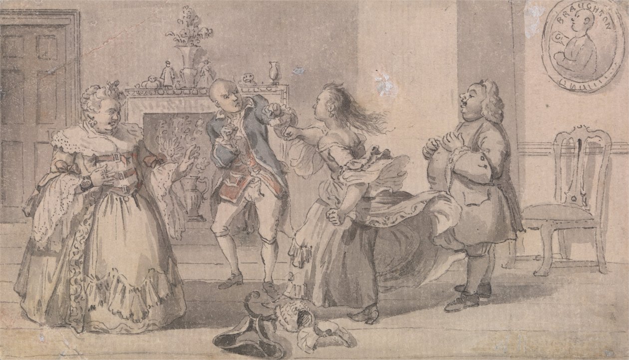 Liti matrimoniali, con un ritratto del pugile John Broughton, sullo sfondo da Hubert Francois Gravelot