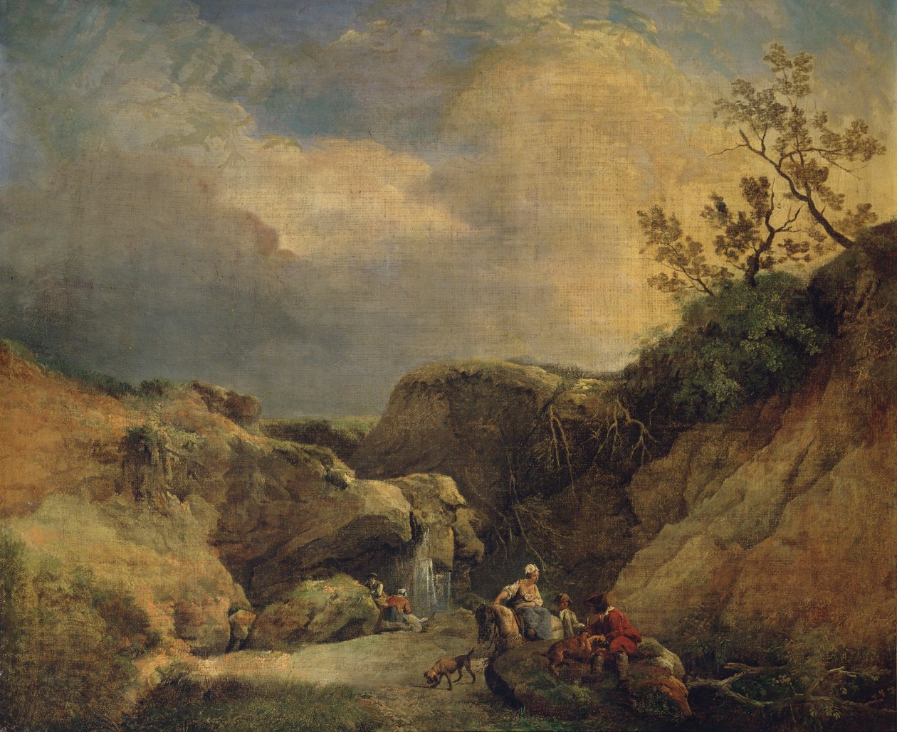 Paesaggio roccioso e boscoso con viaggiatori che conversano vicino a una cascata da Hubert (circle of) Robert