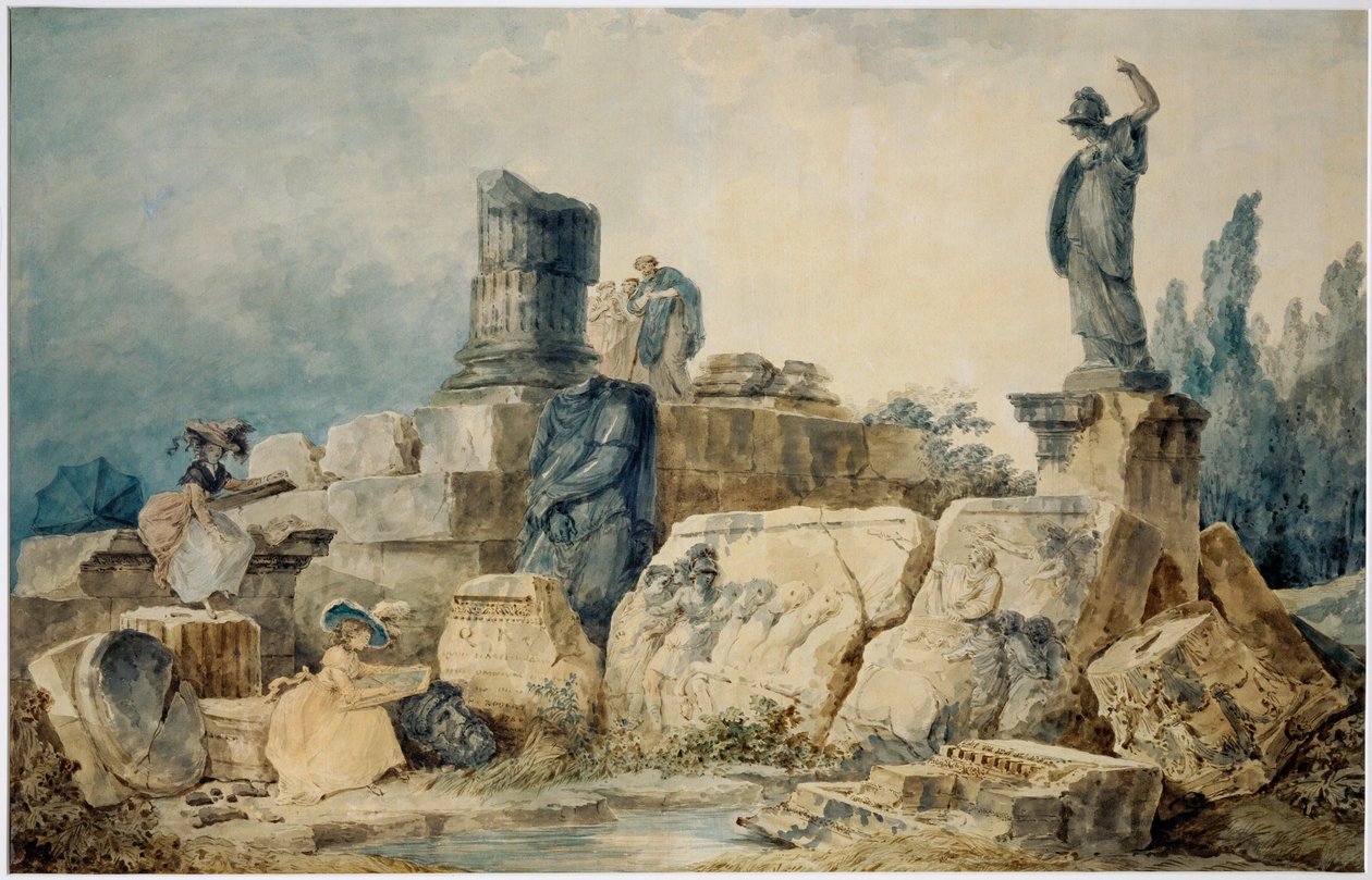 Due giovani donne disegnano le rovine di Roma, tre figure in abiti antichi le osservano dall