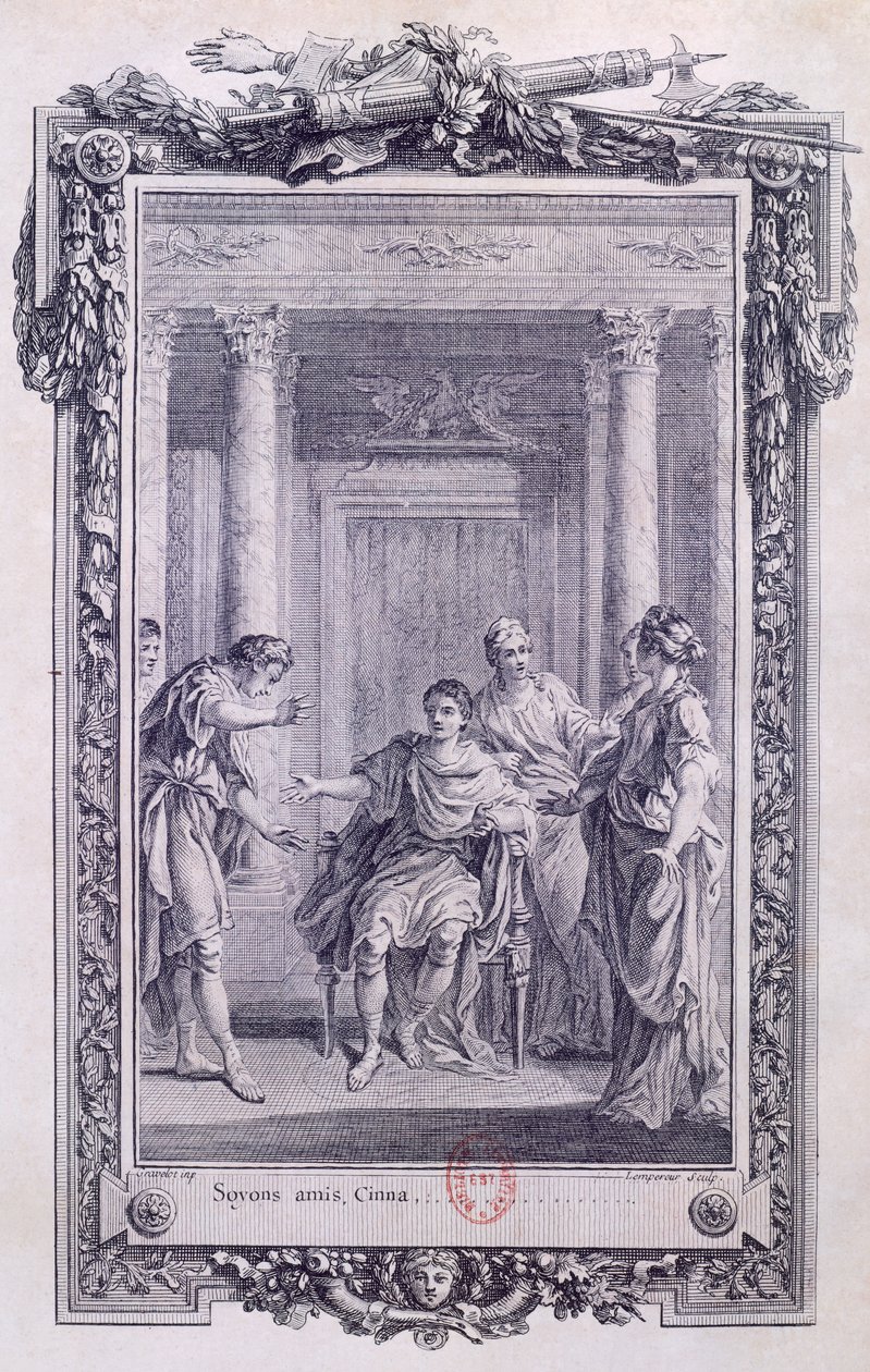 Cinna o La clemenza di Augusto, tragedia di Pierre Corneille, incisione di Gravelot da Hubert Francois Gravelot