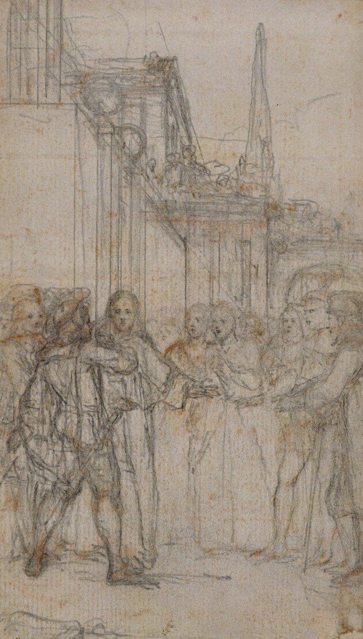 Illustrazione letteraria: Uomo con spada che affronta un gruppo di figure davanti a un edificio da Hubert Francois Gravelot