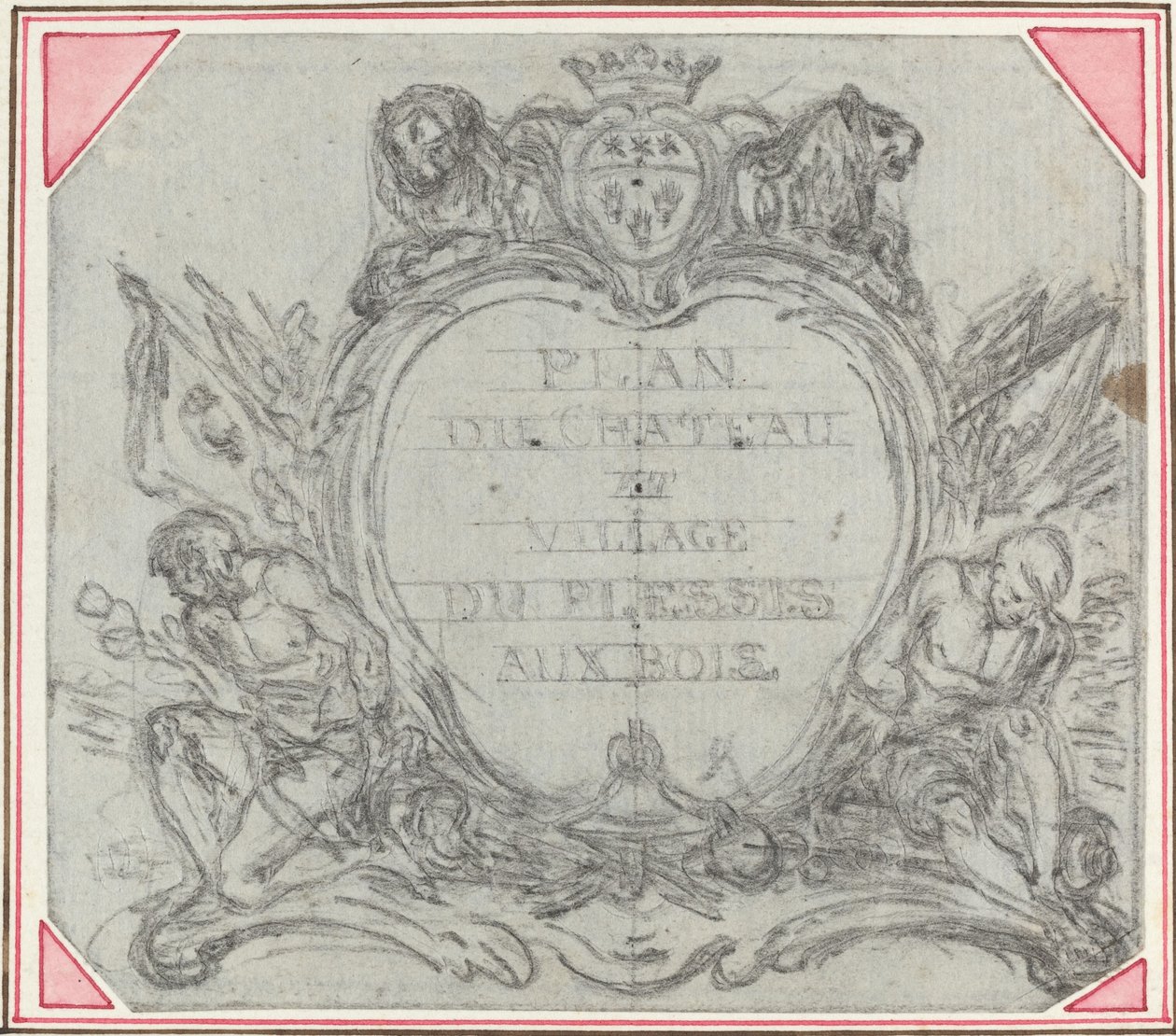 Cartiglio del titolo per una mappa del castello e del villaggio di Le Plessis aux Bois da Hubert Francois Gravelot