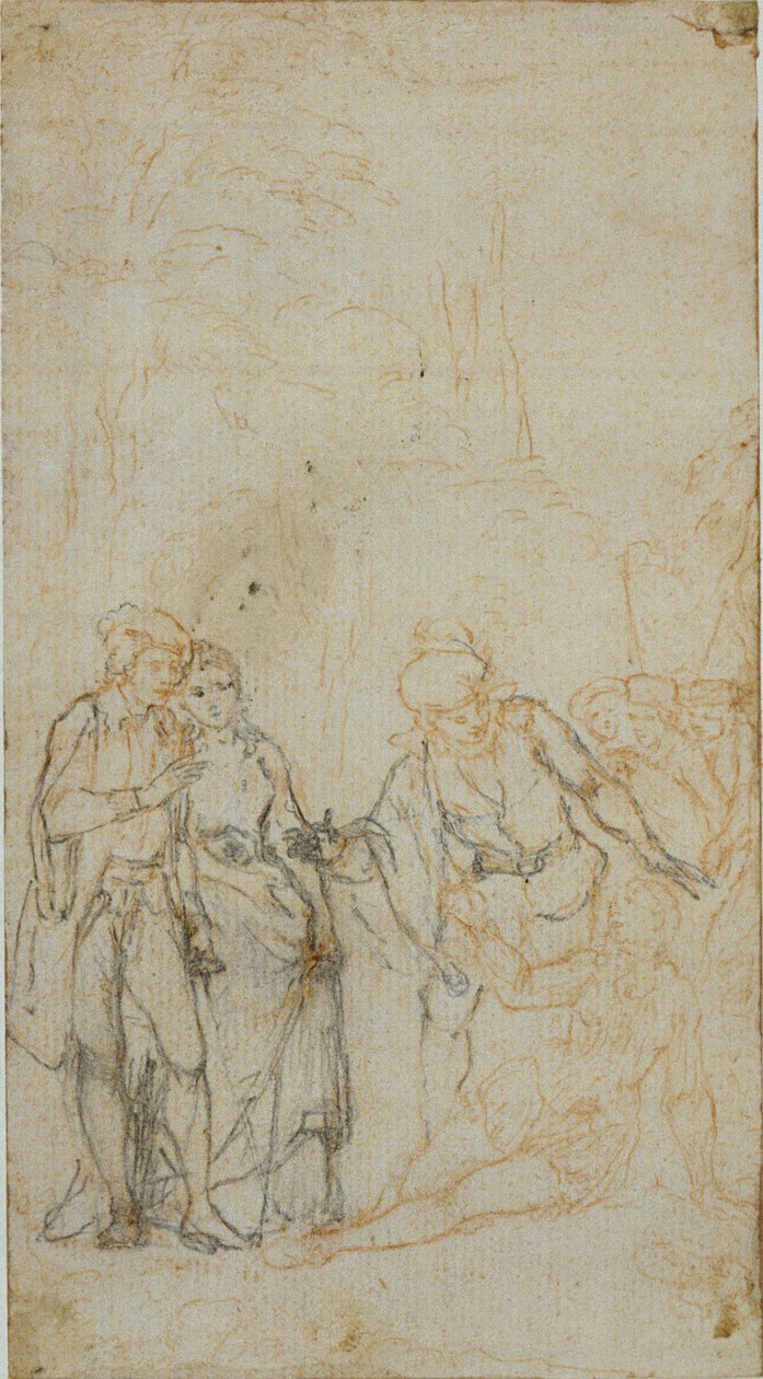 Illustrazione letteraria non identificata con un gruppo di figure che circondano una figura reclinata nel paesaggio da Hubert Francois Gravelot