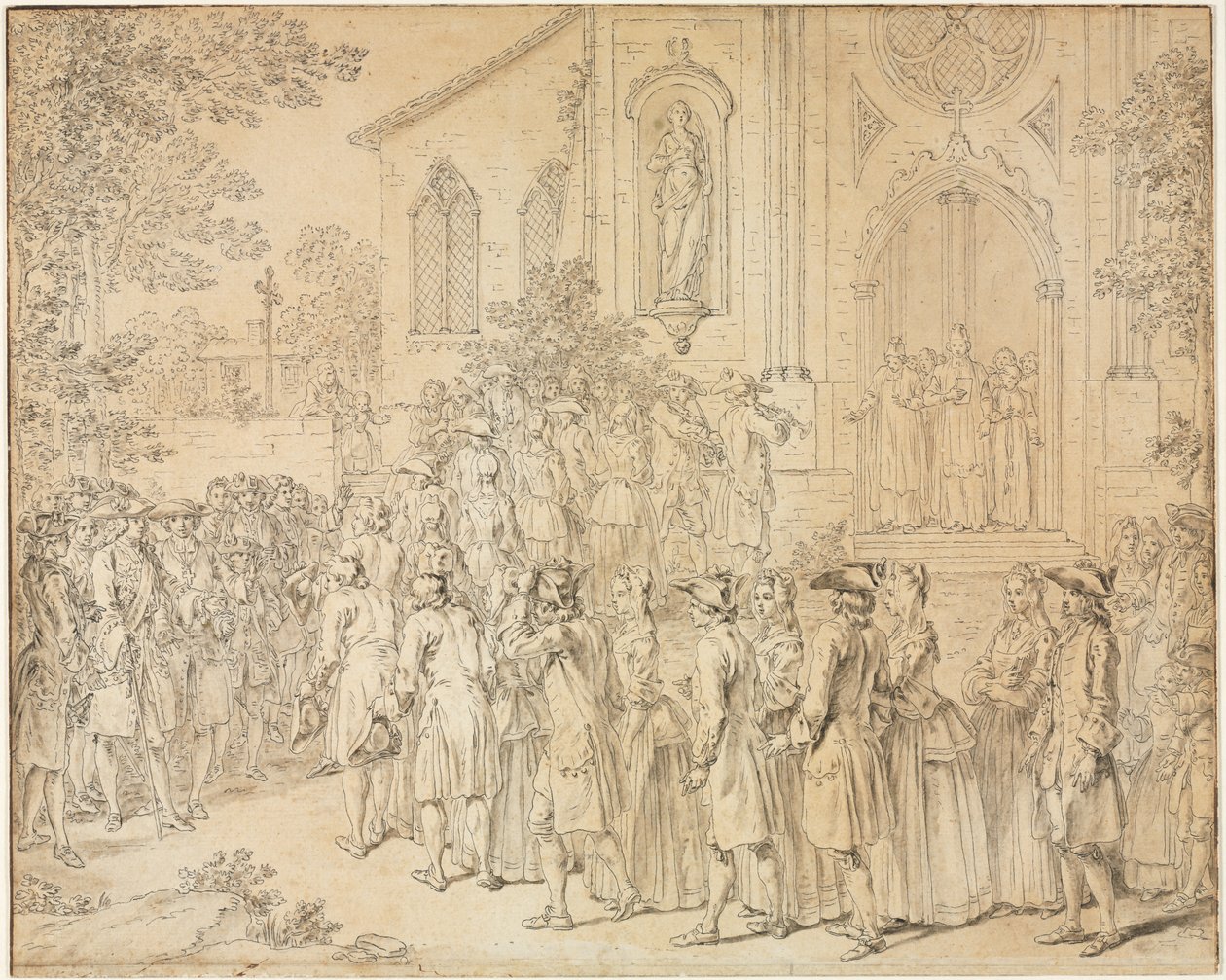 Una processione che entra in una chiesa da Hubert François Bourguignon Gravelot