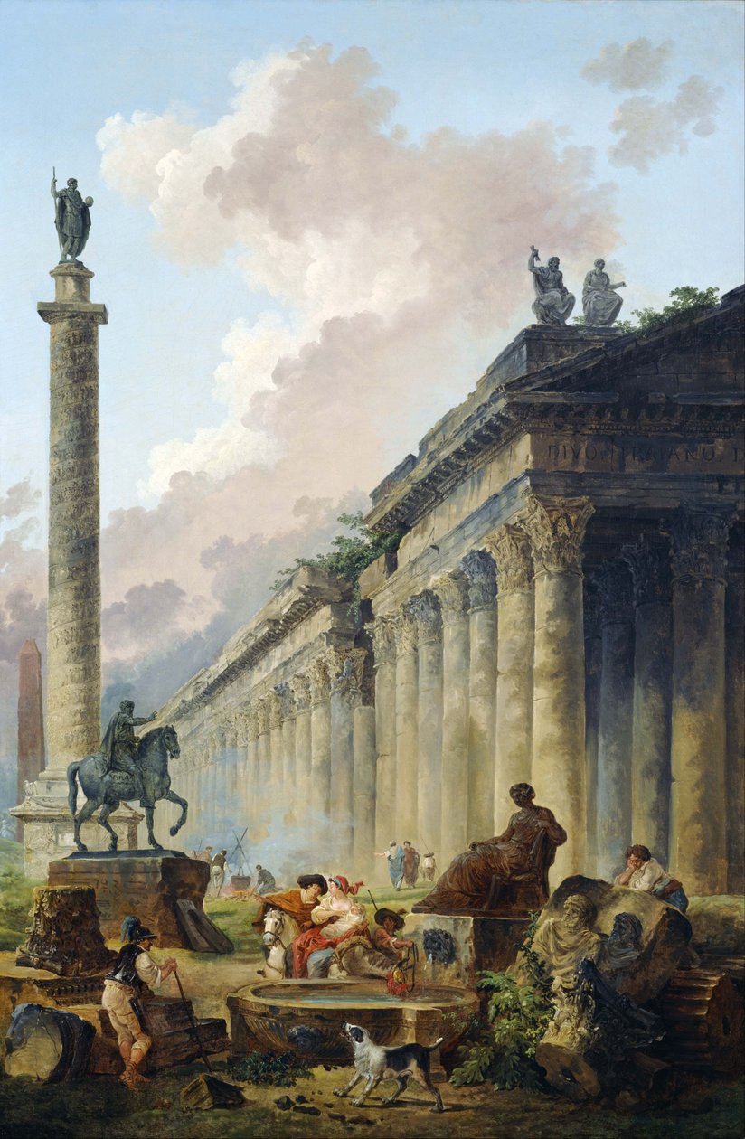 Paesaggio romano immaginario con statua equestre di Marco Aurelio, colonna commemorativa di Traiano e tempio. da Hubert Robert
