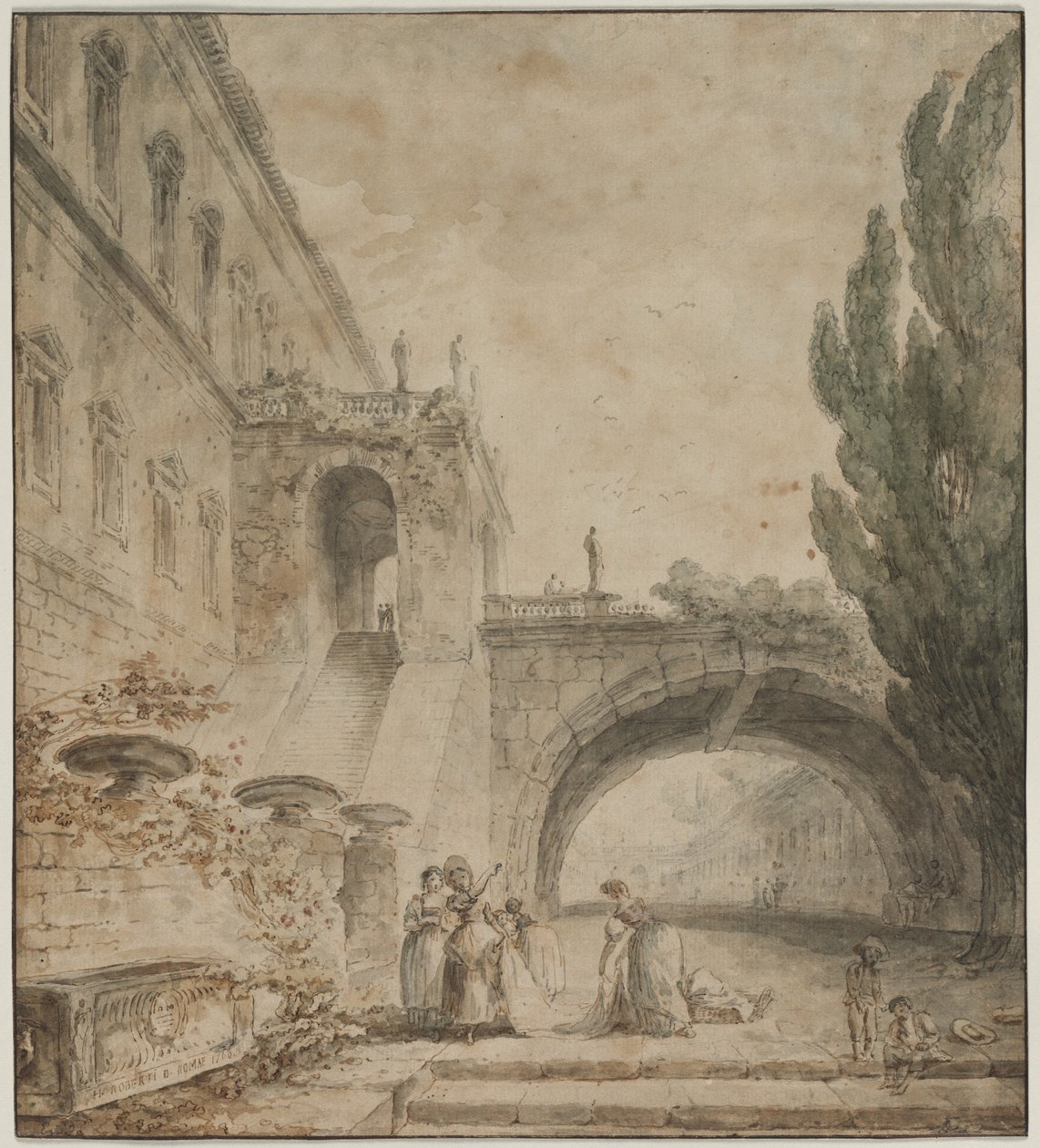 Un palazzo con un ponte ad arco, una villa romana, 1760 da Hubert Robert