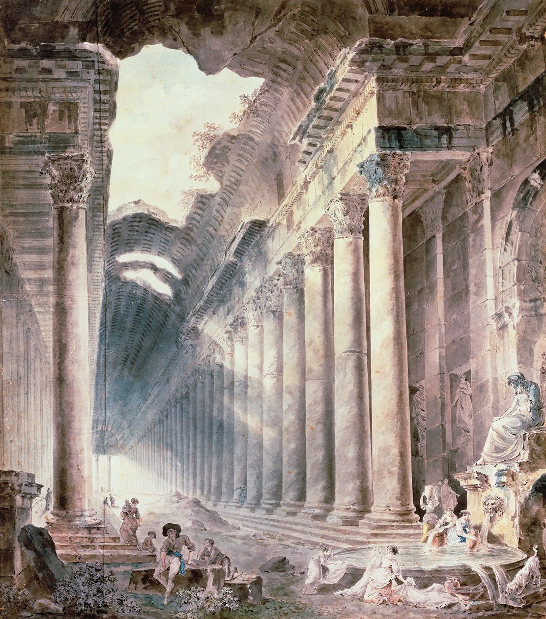 Edificio termale colonnato, il tetto parzialmente aperto al cielo, con ragazze che lavano i vestiti da Hubert Robert