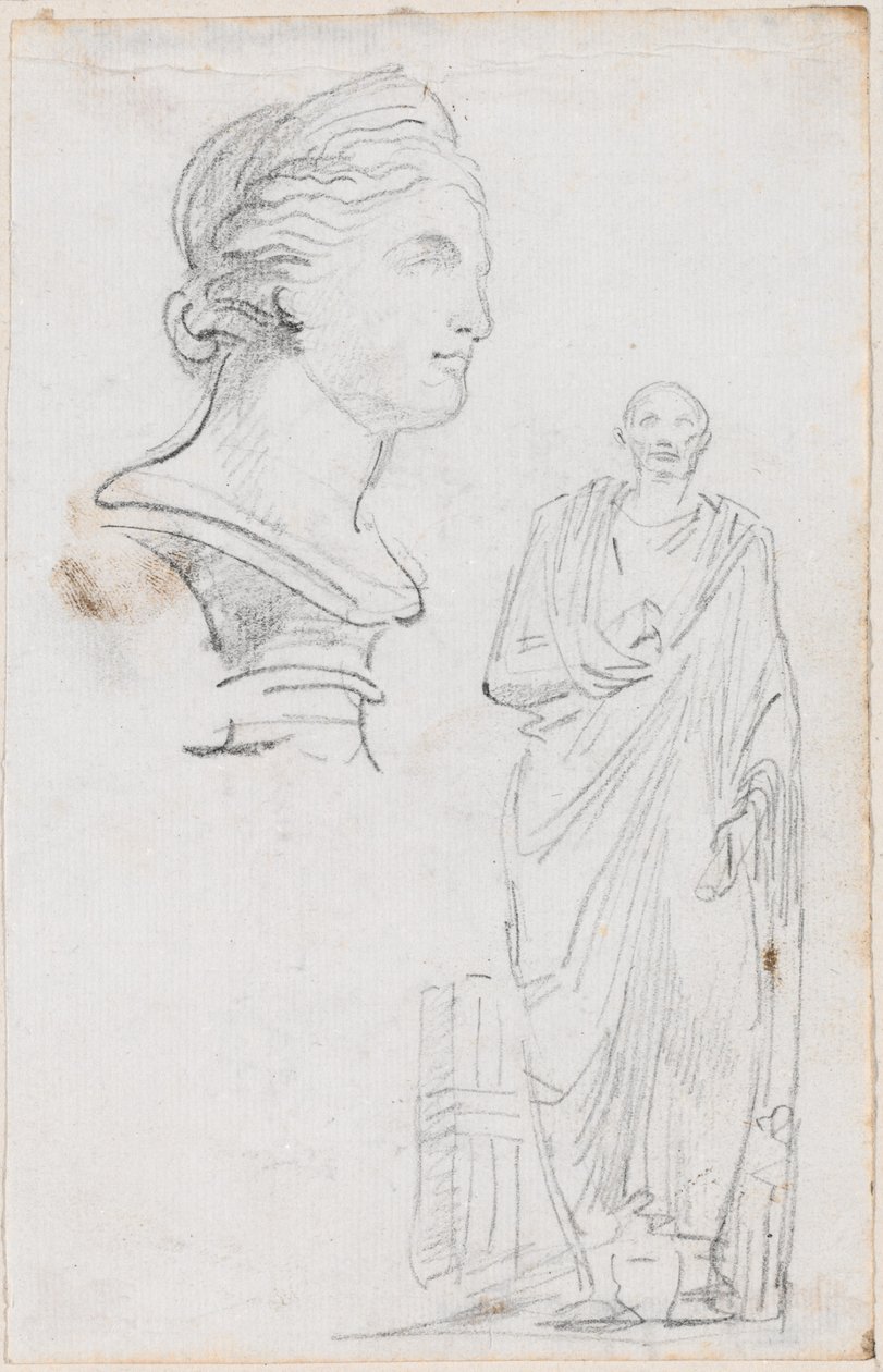 Busto di una donna romana e statua di un uomo romano da Hubert Robert