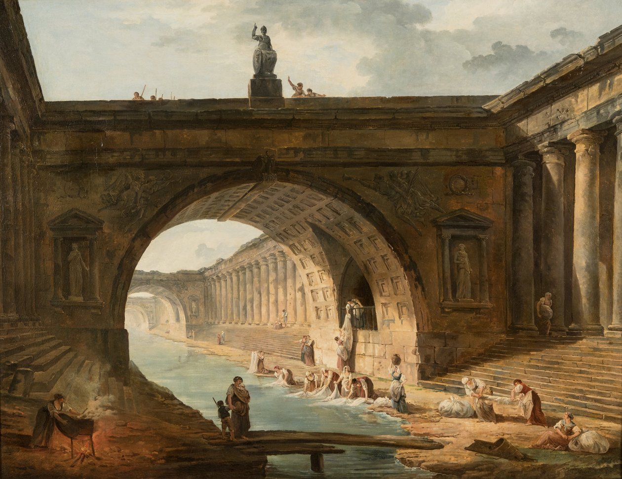 Capriccio con lavandaie presso un canale da Hubert Robert