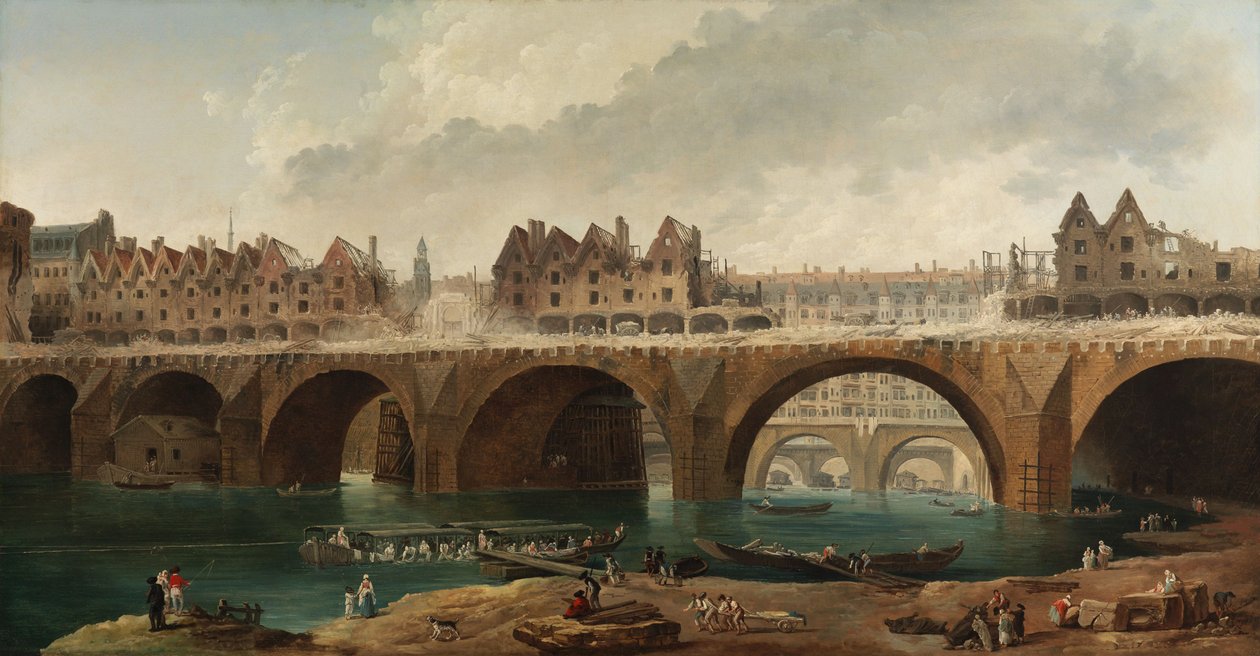 La demolizione delle case sul Pont Notre-Dame a Parigi da Hubert Robert