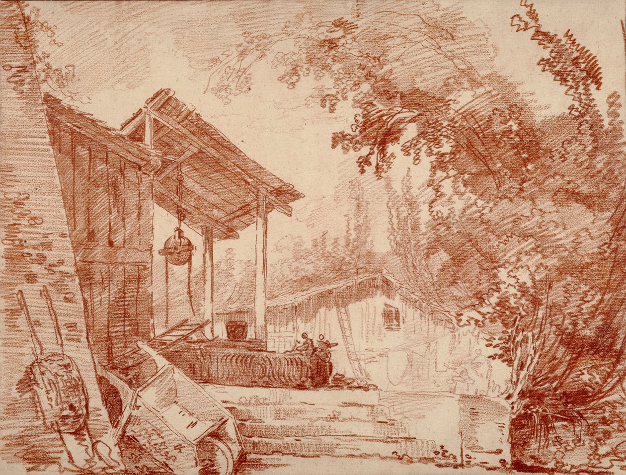 Cortile con due figure accanto a un pozzo e una grande carriola in primo piano da Hubert Robert