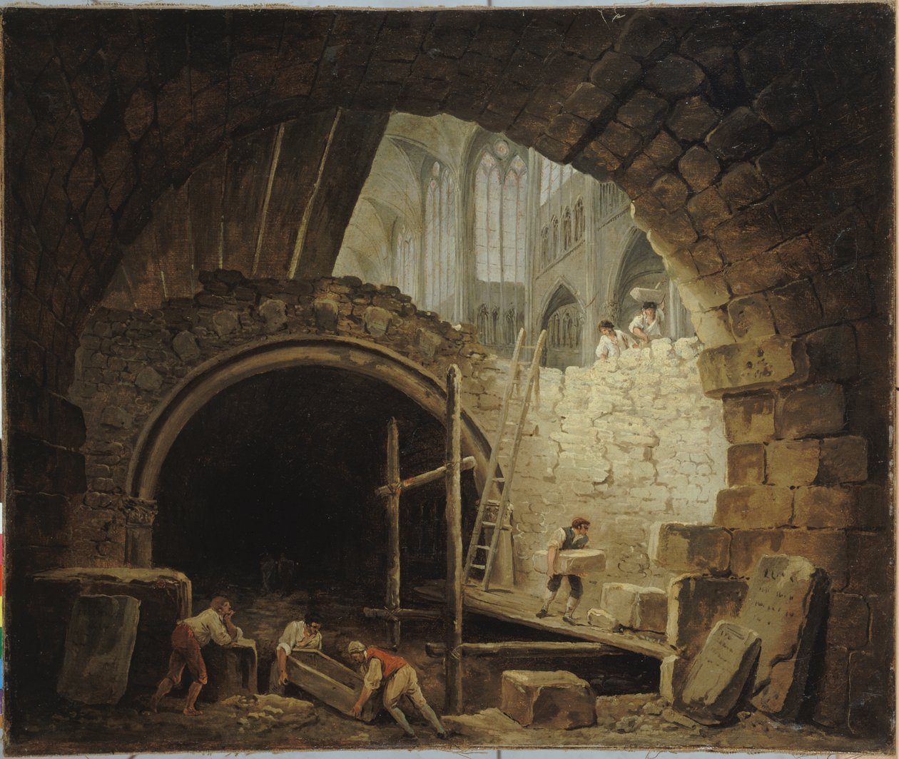 Francese: La Violation des caveaux des rois dans la basilique de Saint-Denis, en octobre 1793 Saccheggio delle tombe reali nella basilica di Saint-Denis, ottobre 1793 da Hubert Robert