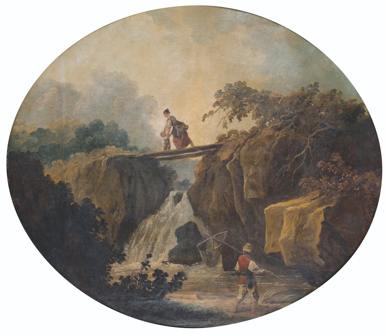 Francese: Paesaggio di una cascata con ponte da Hubert Robert