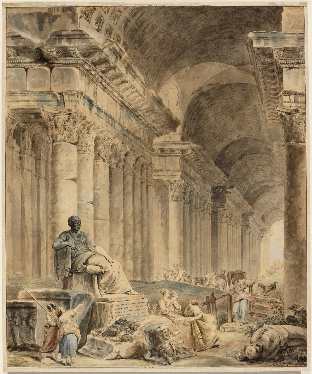 Galleria a colonne a volta con statua sedente in stile antico da Hubert Robert