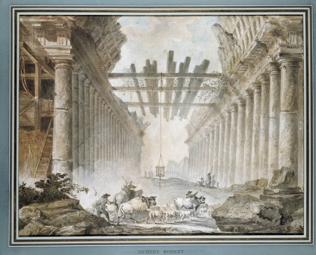 Gregge nelle rovine di un tempio disegnato da Hubert Robert