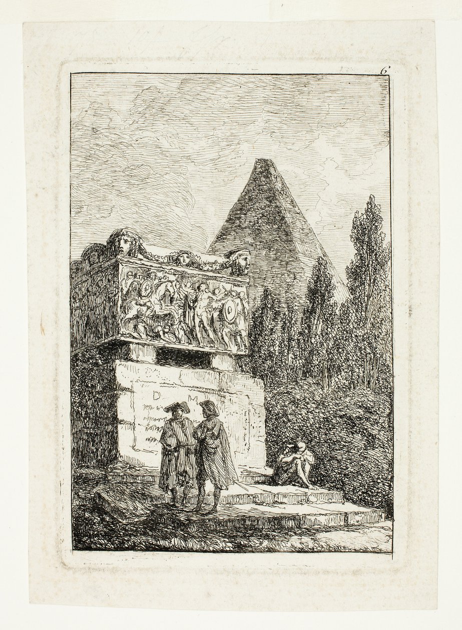 Paesaggio con piramide e sarcofago, sesto piatto da Les Soirées de Rome da Hubert Robert