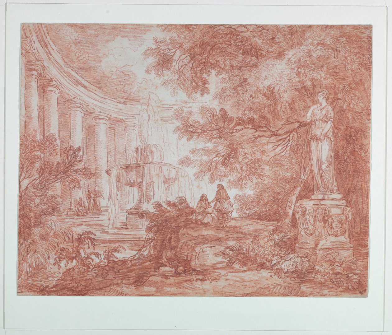 Parco con fontana e statua da Hubert Robert