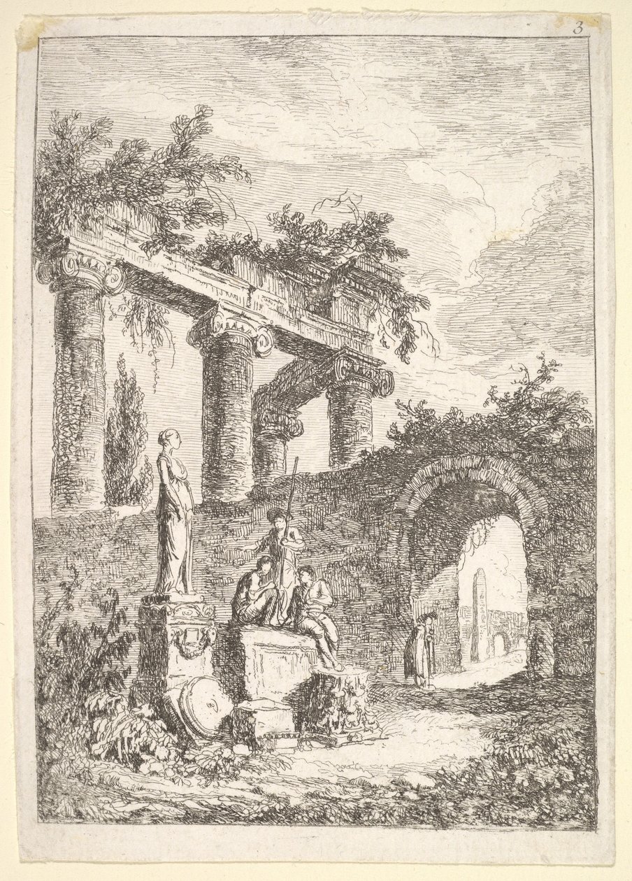 Piatto 3: La statua davanti alle rovine: una statua a sinistra accanto a tre figure su un p..., ca. 1763-64 da Hubert Robert