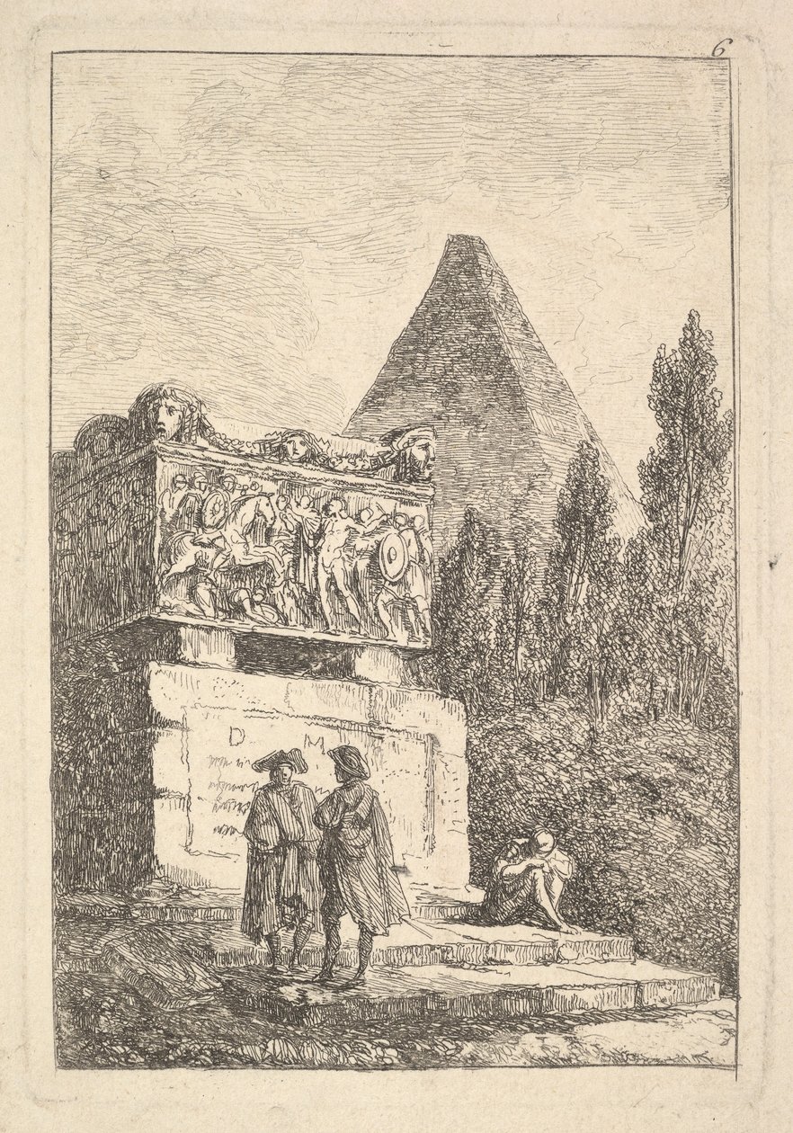 Tavola 6: Il Sarcofago: due uomini che conversano a sinistra, un altro uomo seduto e dorm... da Hubert Robert