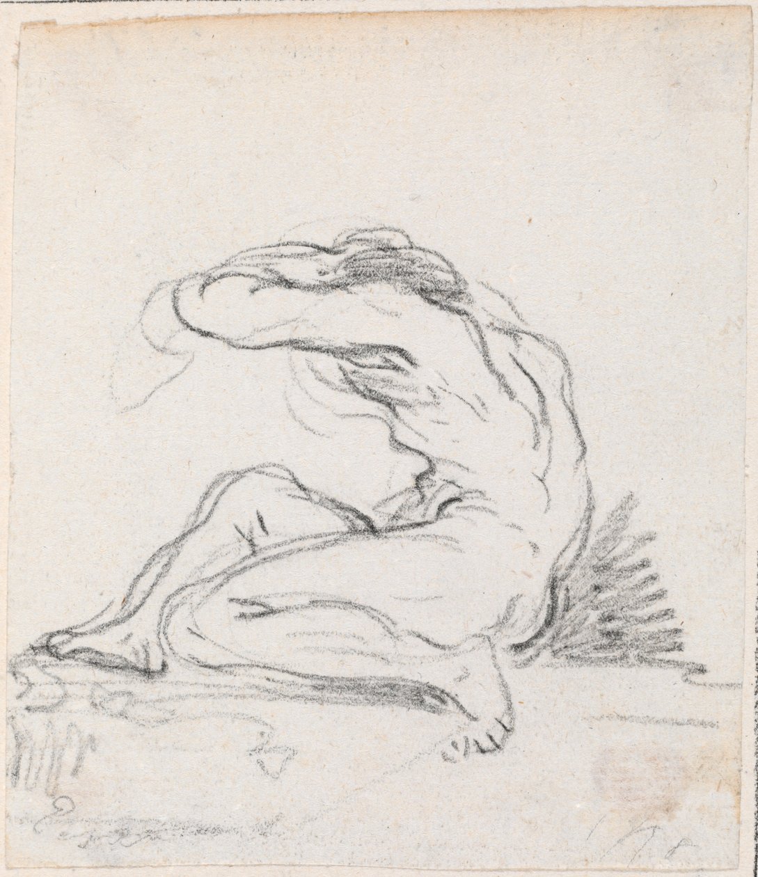 Nudo maschile seduto con braccio sopra la testa, visto di lato da Hubert Robert