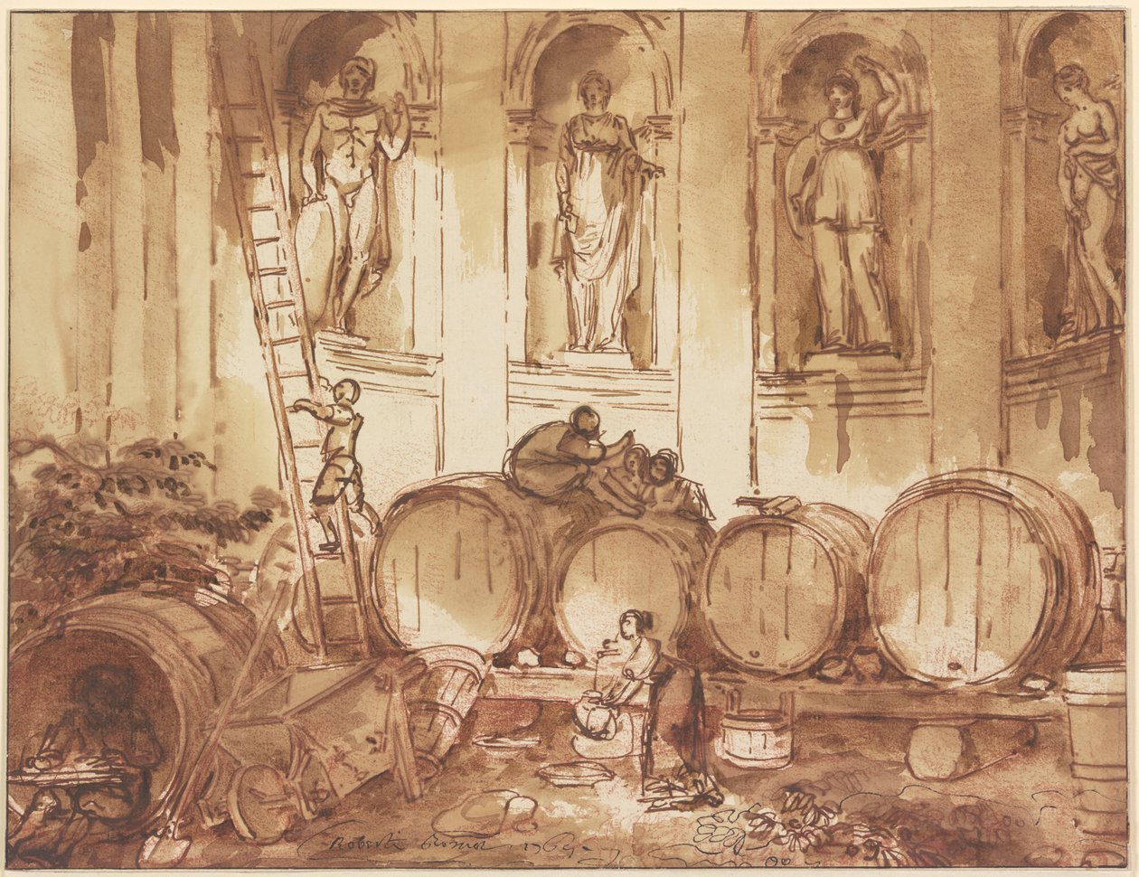 Cantina in una sala a nicchie con quattro statue di divinità antiche da Hubert Robert