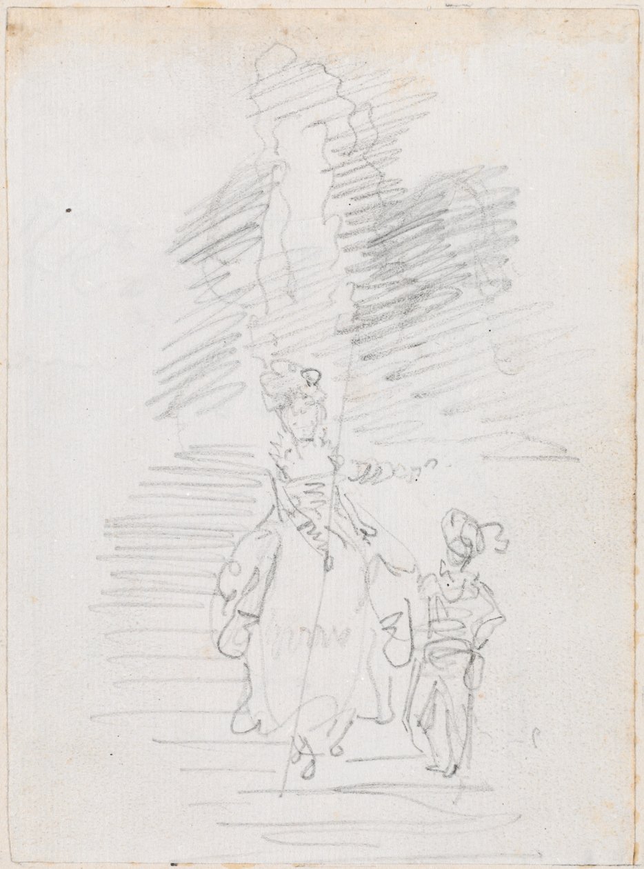 Donna e figura maschile più piccola sulla grande scalinata [recto] da Hubert Robert