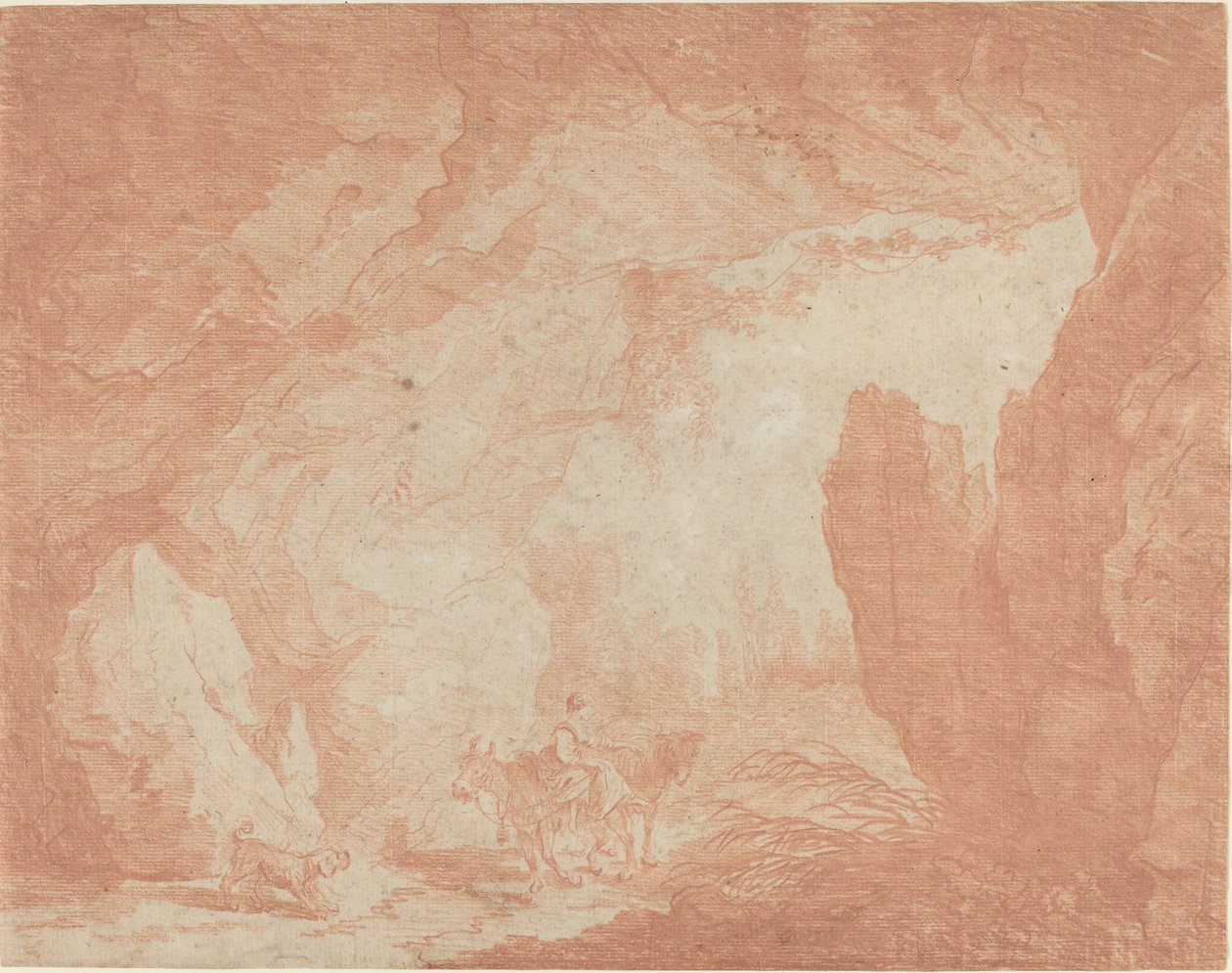 Giovane donna con asini che cavalcano sotto un ponte naturale da Hubert Robert
