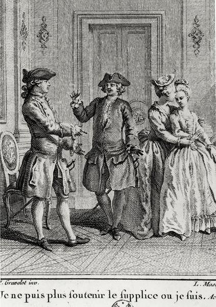Non posso più sopportare i tormenti qui dove sono, illustrazione per Eugenie di Beaumarchais, incisa da Louis Joseph Masquelier (1741-1811) da Hubert after Gravelot