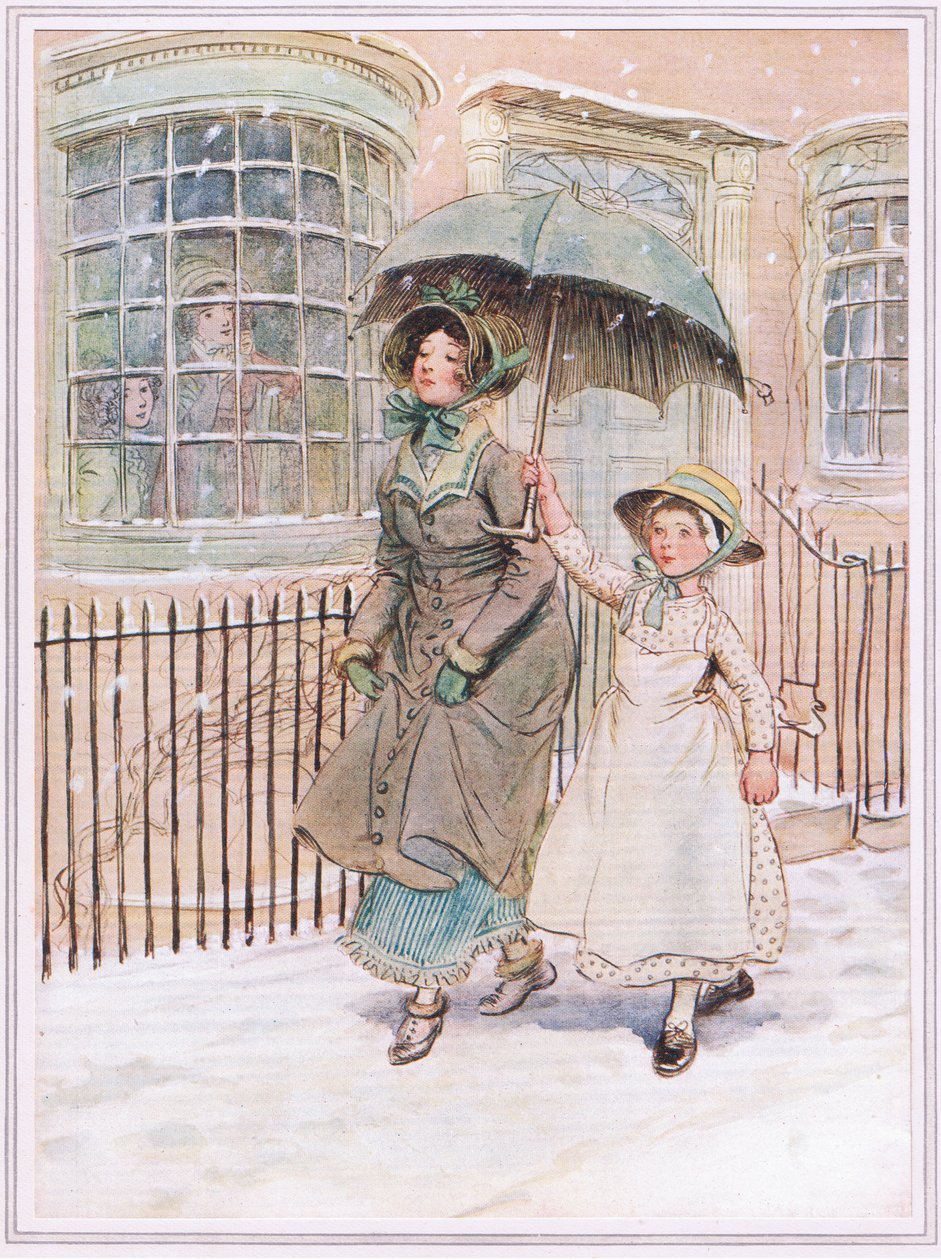 Ora e allora le signore passano con i loro zoccoli, forse una cameriera le protegge con un ombrello, perché fiocchi di neve cadono discretamente da Hugh Thomson