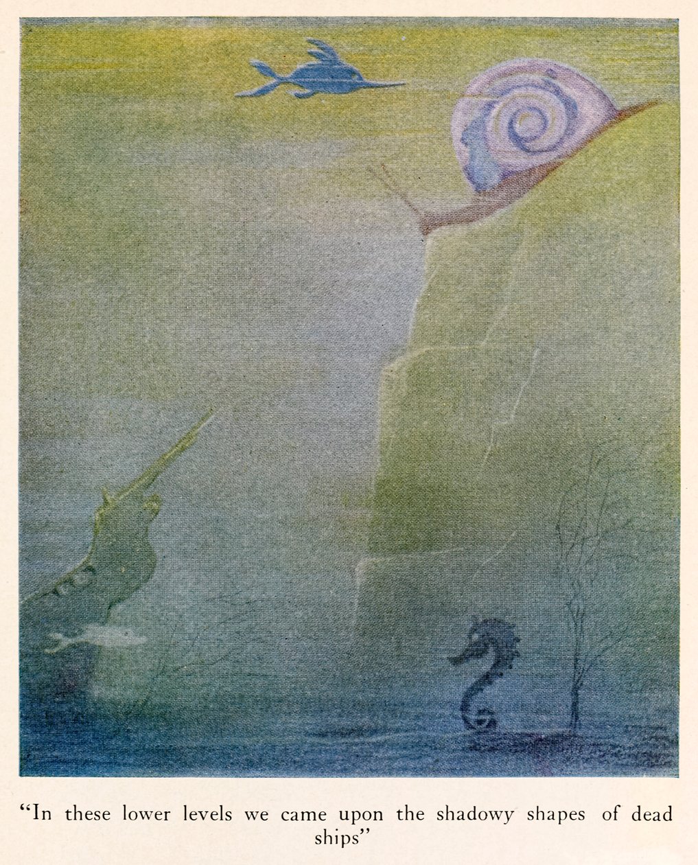 "A questi livelli inferiori ci siamo imbattuti nelle forme ombrose di navi morte" illustrazione da I viaggi del dottor Dolittle da Hugh Lofting
