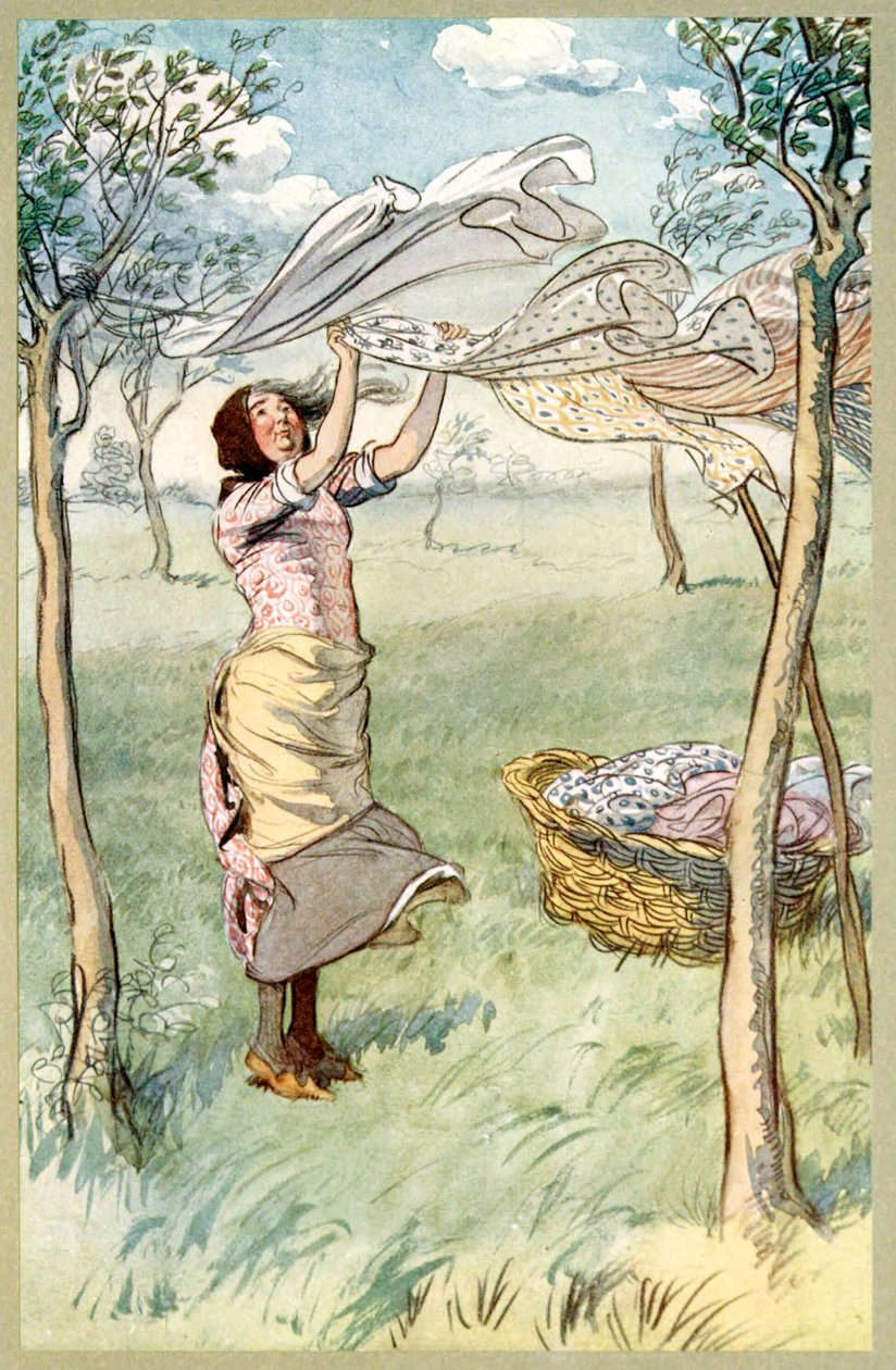Lavo, strizzo... E faccio tutto da sola, da Le allegre comari di Windsor, pub. 1910 da Hugh Thomson