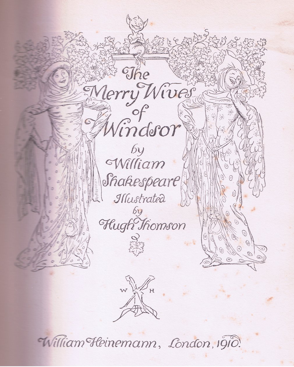 Progettazione della pagina del titolo (illustrazione da Le allegre comari di Windsor, 1910) da Hugh Thomson