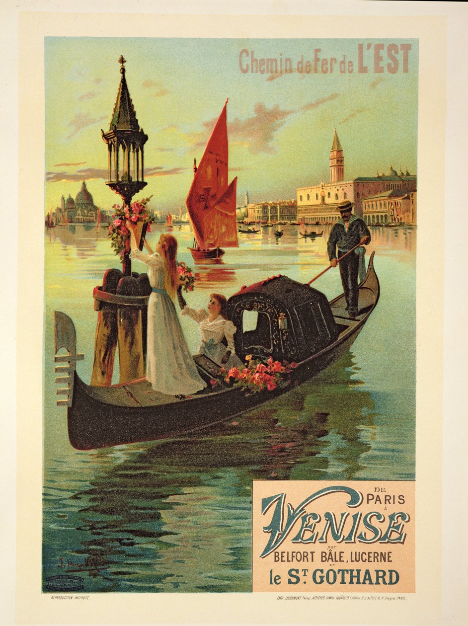 Riproduzione di un Poster Pubblicitario della Ferrovia Orientale da Parigi a Venezia da Hugo d